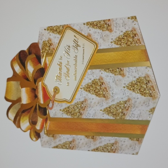 $2 Add-on Foil Christmas Card & Envelope Present with Trees Wrapping Paper Gold - Picture 3 of 9